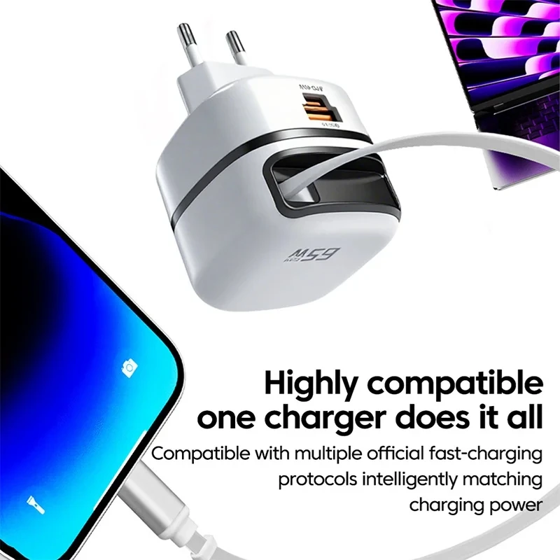 65W Charger with Retractable Cable 3- port Fast Charging Charger with Foldable Pin Original Table Chargers 2025